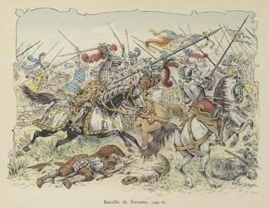 The Chevalier de Bayard fighting the Spanish at the Battle of Fornovo, Italy, 1495 (colour litho)
