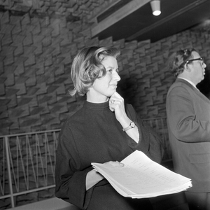 A young woman as speaker at an audio play production of the NDR at Hamburg, Germany 1950s