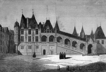 Former palace of the court of accounts in the 13th century engraving from the book “Paris a travers les siecles, tome1” (1878)