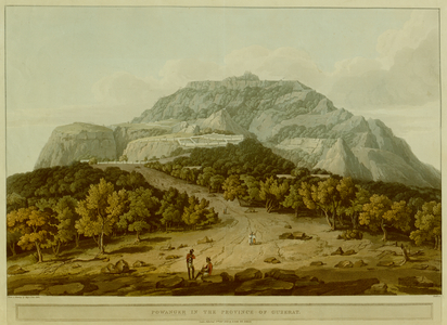 The hill at Pavagadh, Panchmahal district, Gujurat; soldiers in the foreground; figures on a rocky path; trees on either side; walls snaking up the hill; a temple at its summit