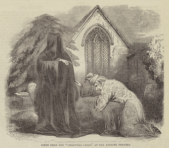 Scene from the "Christmas Carol" at the Adelphi Theatre (engraving)