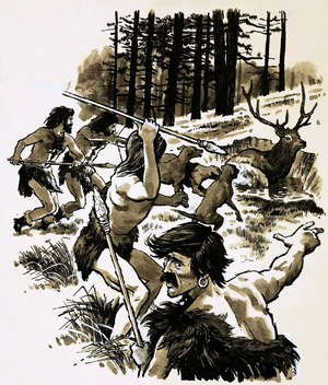 Stone-age hunters (gouache on paper)