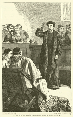 "As soon as he had heard the cardinal named, he put on his cap" (engraving)