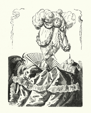 Absurd women's hairstyle, 18th Century (engraving)