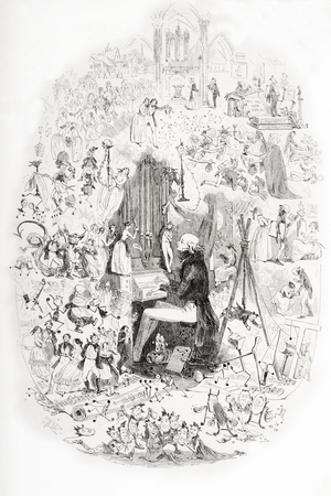 Tom Pinch at the organ. Frontispiece illustration from the Charles Dickens novel Martin Chuzzelwit by H.K. Browne known as Phiz