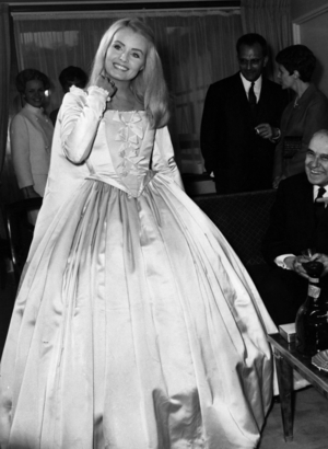 Marie France Boyer In Epoque Dress A La Du Barry Inaugurates Residence Dauphine A Louveciennes Located In Le Parc Du Chateau May 26, 1967 (b/w photo)