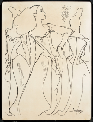 Costume design drawing of ball gown with low décolleté princess seaming, long raglan sleeves, billowing skirt, and draped front panel