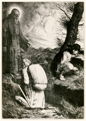 "Christian is troubled" frontispiece from 'The Pilgrim's Progress From This World, To That Which Is To Come' by John Bunyan (1628-1688) illustration by William Strang (1859-1921) Christian struggles under the weight of his sins and his guilt in the Slough of Despond.