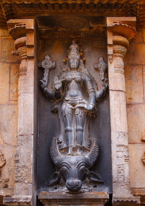 Carving Of Vishnu Durgai Standing On A Buffalo Head Base At The Brihadishwara Temple, Thanjavur, India, 2008 (photo)