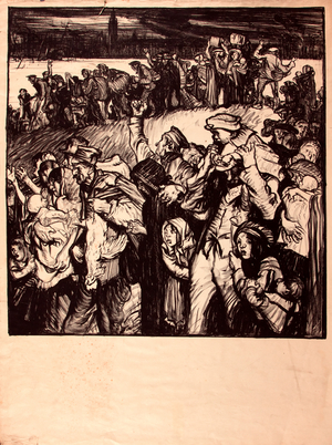 Refugees leave Antwerp (lithographic poster)
