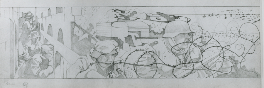 German coastal defences attacked by British and American bombers on June 6th (pencil on paper)