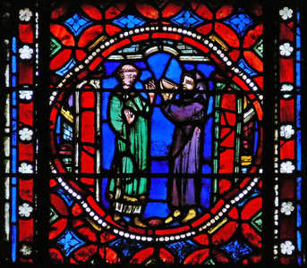 Window s1-R depicting a scene from St Bonnet's journey to Rome; receives refreshments from the abbot of the monastery on l'Isle Barbe  (stained glass)