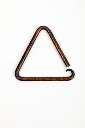 Ornate hand-beaten bronze Triangle with decorative curled or curved lower point, Nail beater, Baroque, renaissance