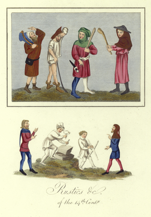 Rustics of the 14th Century (coloured engraving)