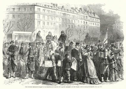 Les clairons sonnent le rappel et les bataillons de marche de la garde nationale ont ete diriges vers le champ de bataille (engraving)