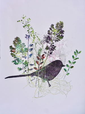 Birdy with leaves (monoprint on paper)