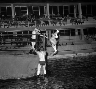 Catch in A Swimming Pool in Nice, French Riviera, July 22, 1967 : Andre Bollet and Jackie Wiecz (b/w photo)