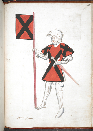 Knight, in armour and tabard, holding a sword and a standard with banner and arms.