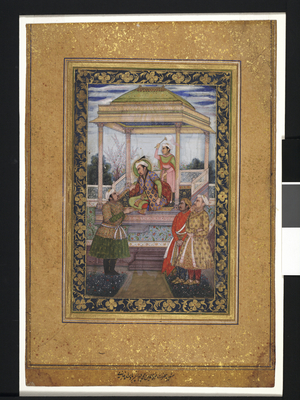 Emperor Jahangir in pavilion with
attendants, 18th century (Paint on paper, brush ink, gouache, shell
gold)