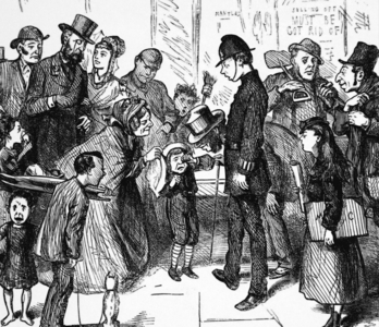 A policeman and passers-by trying to help a lost child, 1850