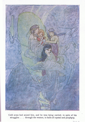 Cold arms seized him, and he was being carried, in spite of his struggles, through the waters, in halls of crystal (colour litho)