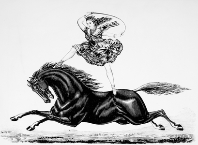 Woman Riding Bareback on Horse, Circus Performance, Woodcut, 19th Century