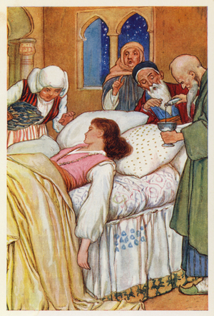 Princess Aldegonda and her Physicians (colour litho)