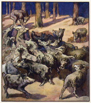 In the centre of the stump stood a big gray wolf (colour litho)