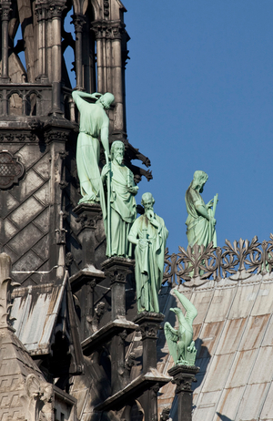 The statues of the saints adorning the base of the arrow of the cathedrale Notre Dame de Paris