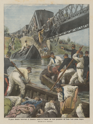 Last Sunday's major train disaster in France, a train crashed in the Loire river near Angers (colour litho)