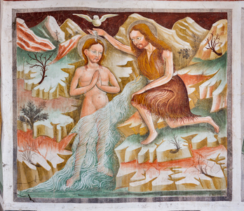 St. John the Baptist baptizing Jesus in the Jordan river, detail from the Life of Jesus, 1471 (fresco)