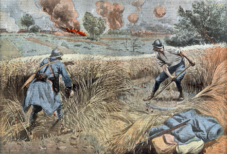 A french gunner scythe the wheat to kill Germans, drawing by Damblans from french paper "Le Pelerin" june 30, 1918