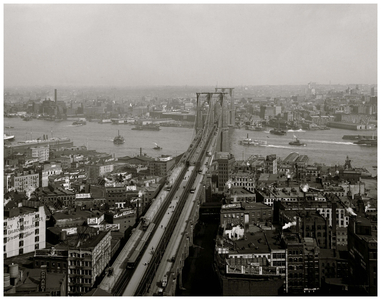 East River and Brooklyn Bridge, New York (b/w photo)