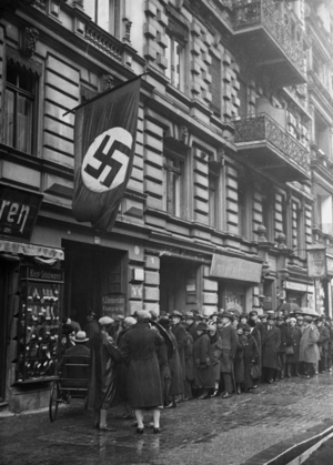 People stand in line for the Hitler birthday donation in Berlin, 1933 (b/w photo)