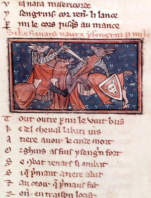 The fight between Renart and Isengrin is an illumination extracting from the manuscript entitled the novel of Fox dating about 13th century