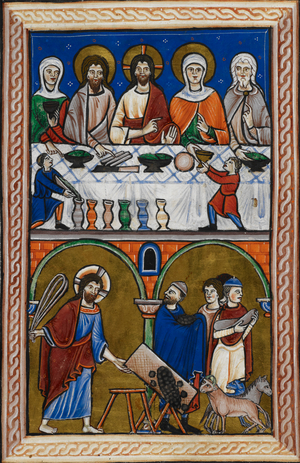 Above, the marriage at Cana. Below, Christ expels the money changers from the Temple