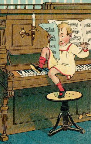 Boy playing the piano with his heels (colour litho)