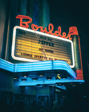 Boulder Theater neon sign on a snowy night, Colorado, United States, 2023 (photo)
