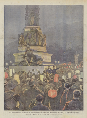 A Demonstration In Trento, The Popular Procession In Front Of The Monument To Dante, The Evening Of The 11 Corr (colour litho)