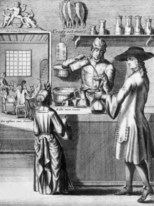An innkeeper pouring wine into bottle of a man while a girl is waiting her turn, 17th century (time of LouisXIV), France, engraving