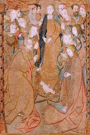 Flemish tapestry. Series Triumphs of the Mother or Paños de Oro. Birth of Christ (Nacimiento de Cristo). Third tapestry in the series. Model Colin de Cooter (?). Manufacture Pieter van Aelst (or van Edingen), Brussel. Ca 1500-1502. Fabric Gold, silver, silk and wool.