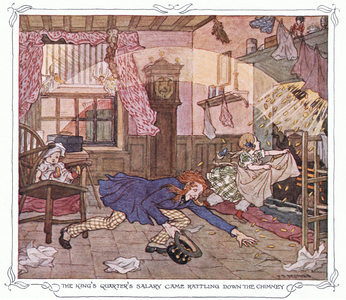 The king's quarters salary came rattling down the chimney, from The Magic Fishbone pub.by Warne & Co, c.1940 (colour litho)