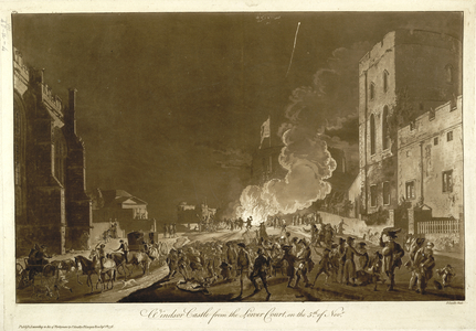 View of the festivities in the lower court of Windsor Castle during Guy Fawkes Night, showing the gathering near the bonfire and fireworks in the sky.