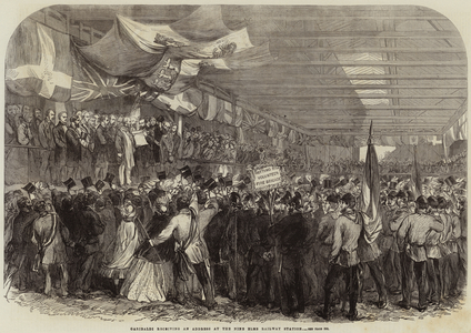 Garibaldi receiving an Address at the Nine Elms Railway Station (engraving)