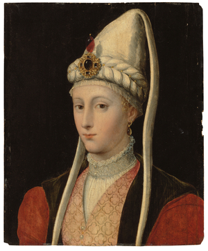 Portrait of a woman, possibly Haseki Hürrem Sultan, called Roxelana, bust-length, in Ottoman costume, with a jewelled headdress (oil on panel)