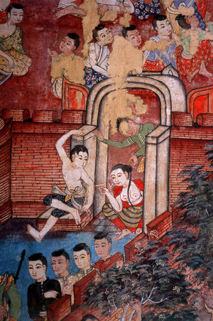 Thailand: Northern Thai woman smoking a cheroot, mural, Viharn Lai Kam, Wat Phra Singh, Chiang Mai, Northern Thailand