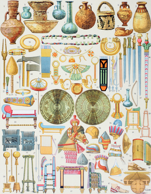 Objects of Assyrian art and industry, from 'Enciclopedia Ilustrada Seguí', published c.1910 (coloured engraving)