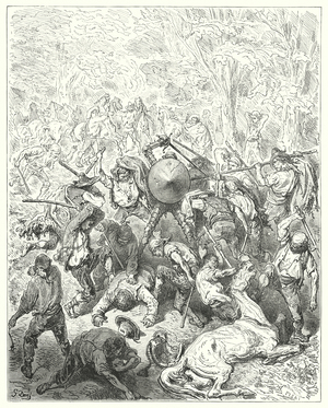 Gustave Dores Don Quixote: "The Yanguesians betook themselves to their levers and pack-staves" (engraving)