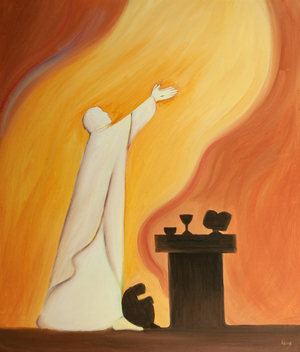 Even in weakness we can place ourselves close to Christ in spirit, as He prays for us at Mass, 2000 (oil on board)