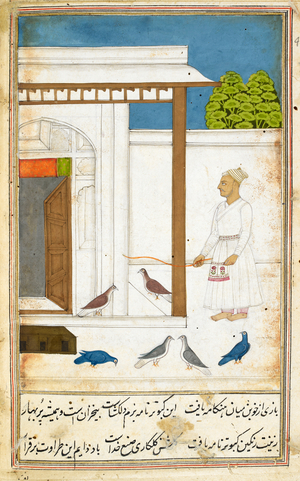 A man with a stick standing near pigeons in a courtyard